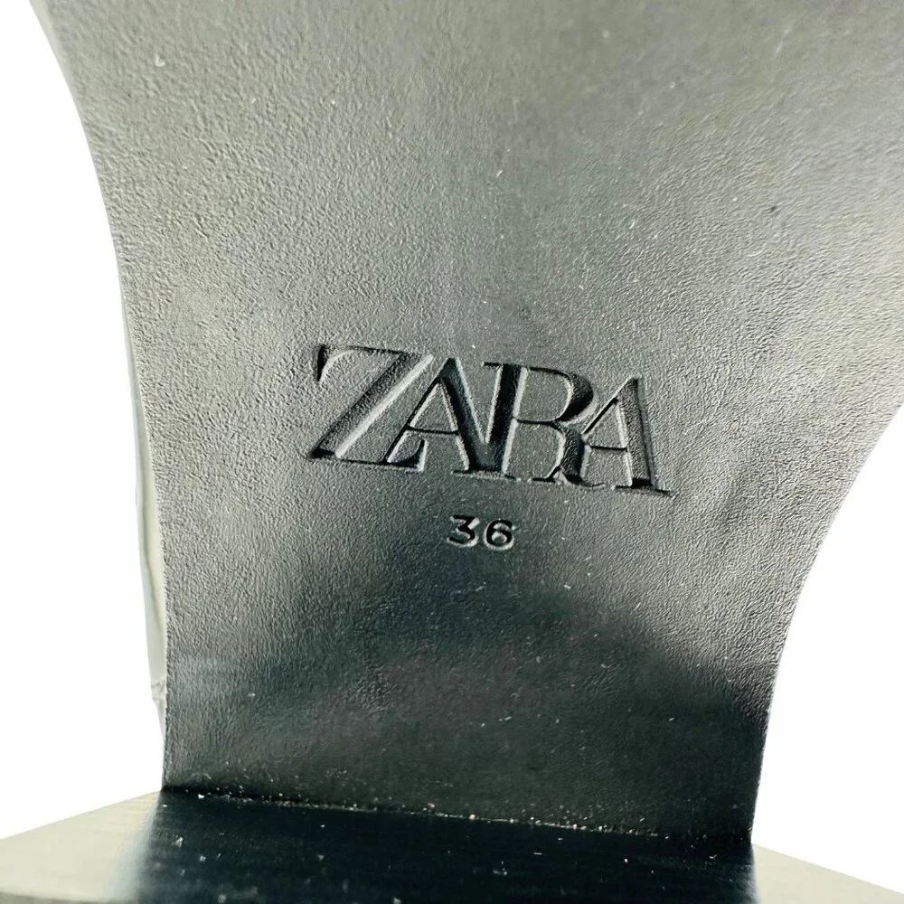 Zara Womens Black Glossy Leather Chunky Heel Chelsea Ankle Boots Size 36 EU - Picture 9 of 11